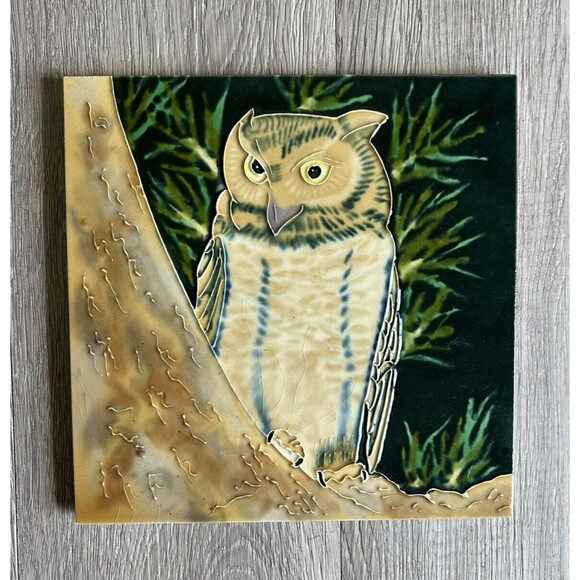 Vintage Owl Ceramic Painted Tile Trivet Hang on Wall Or Stand For Display - Picture 2 of 6